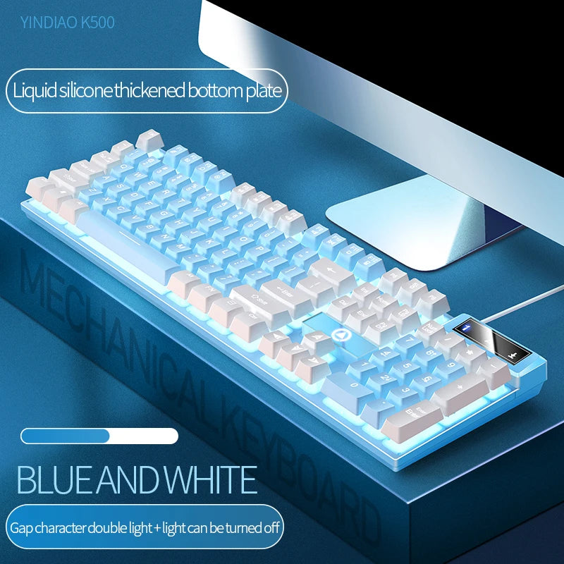 A blue and white mechanical keyboard with a liquid silicone thickened bottom plate is shown on a dark surface.