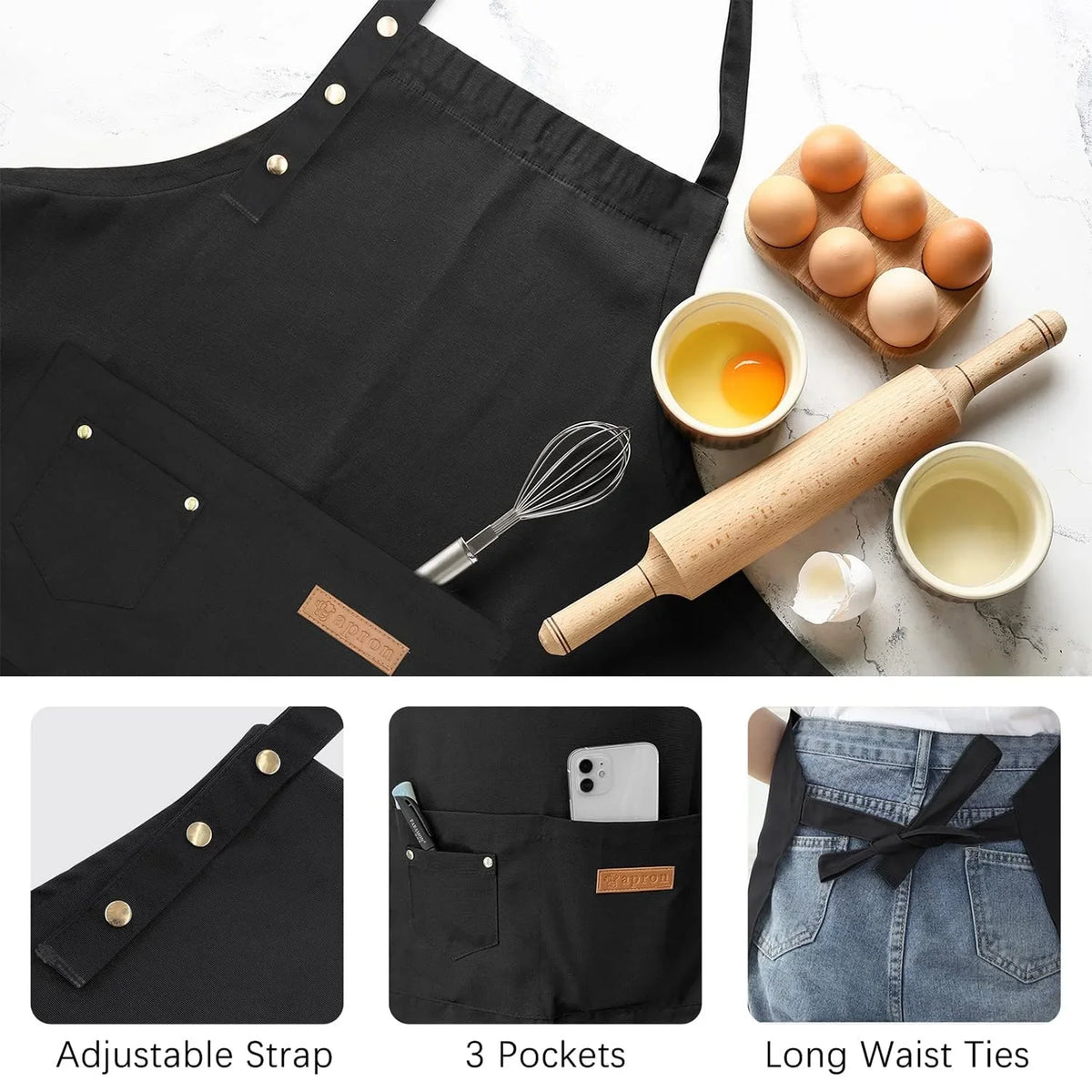 Black cotton canvas apron with an adjustable strap, three pockets, and long waist ties displayed on a white surface.