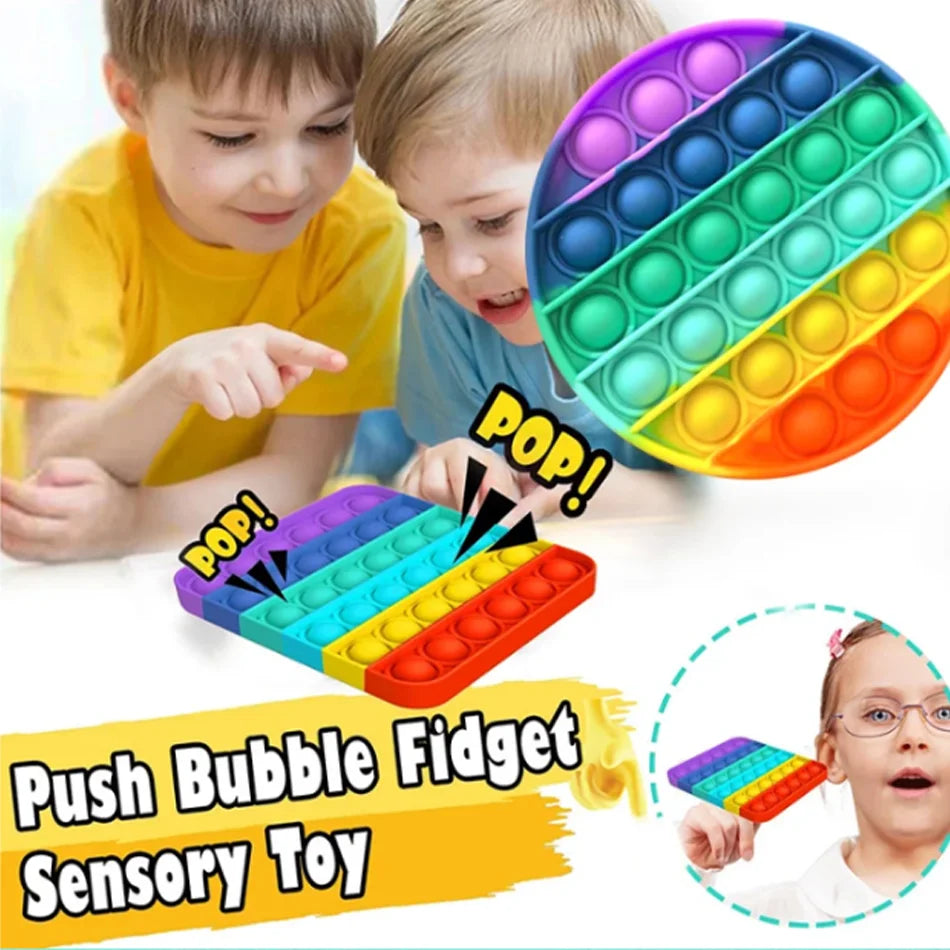 A colorful push bubble fidget toy with rainbow colored bubbles being played with by children.
