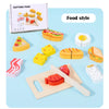 A wooden pretend play cutting fruit and vegetable toy set showing various food items like apples, carrots, and cheese on a li