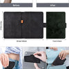 A black RFID blocking passport holder is shown in various angles, including a close-up of the slim leather wallet and its use