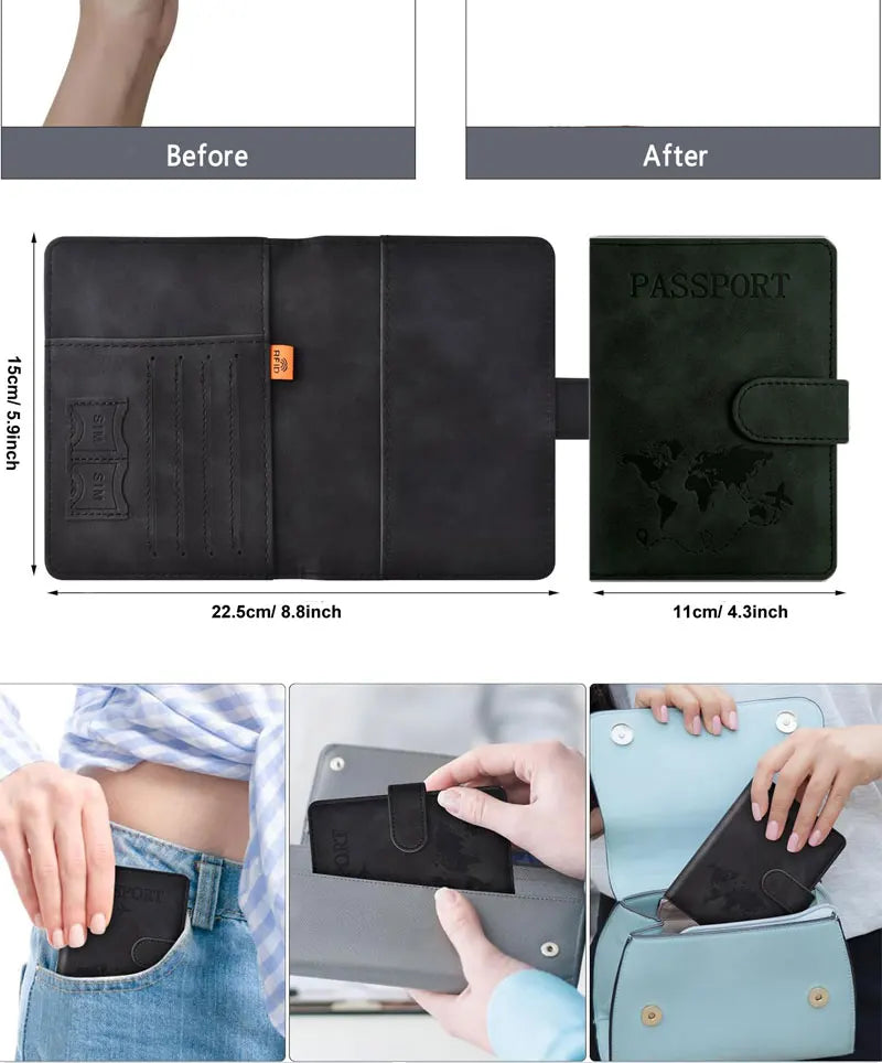 A black RFID blocking passport holder is shown in various angles, including a close-up of the slim leather wallet and its use