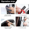 Quatre étapes montrant comment nettoyer, arracher l'adhésif, la colle et tailler les bandes de joint de porte de voiture.