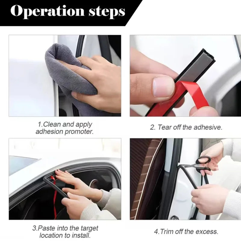Quatre étapes montrant comment nettoyer, arracher l'adhésif, la colle et tailler les bandes de joint de porte de voiture.