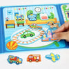 A colorful magnetic dress-up quiet book featuring vehicles and animals for children.