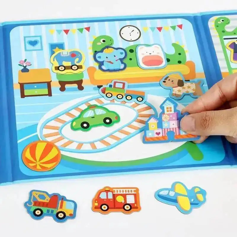 A colorful magnetic dress-up quiet book featuring vehicles and animals for children.