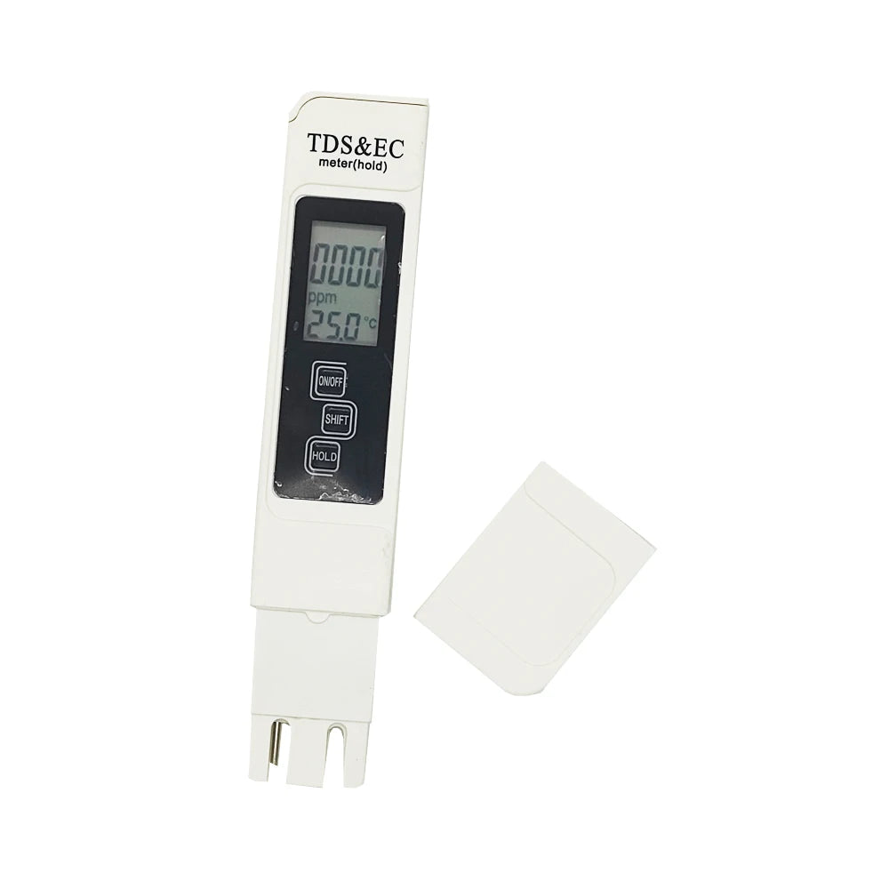 A white digital TDS & EC water quality tester pen with a display showing 0.000 ppm and 25.0°C.