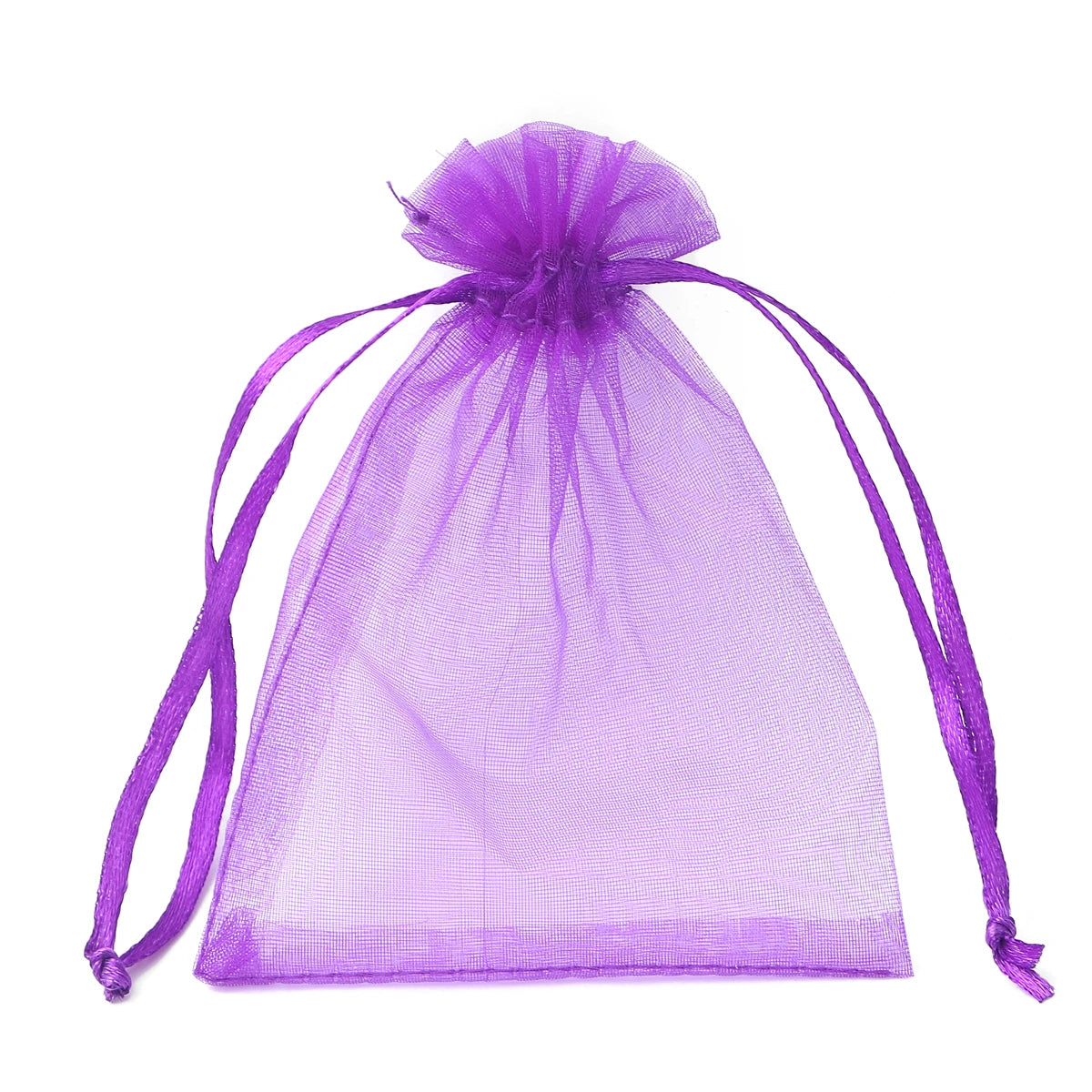 A purple organza drawstring gift bag with purple ties, used for storing small items.