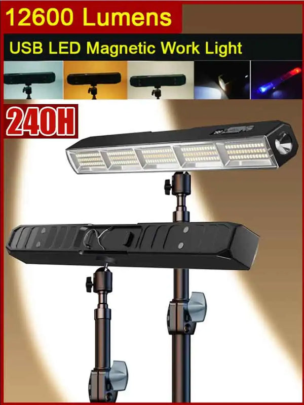 A black magnetic USB LED work light is shown mounted on a stand, with various lighting modes displayed.