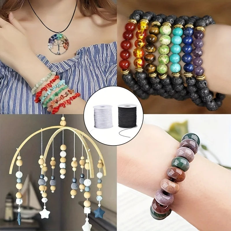 A collection of colorful, stretchy elastic cords and beaded bracelets for jewelry making.