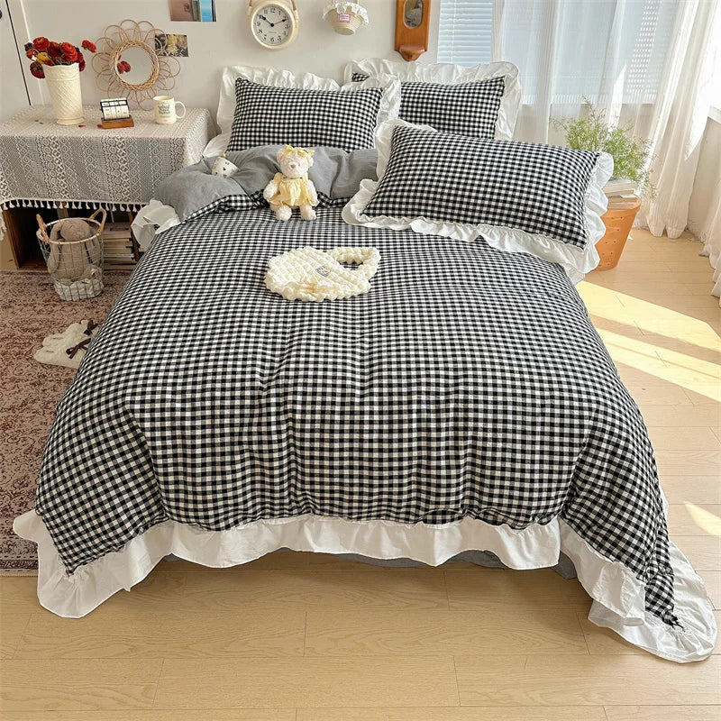 Red and Black Plaid Duvet Cover Set with Lace Embroidery