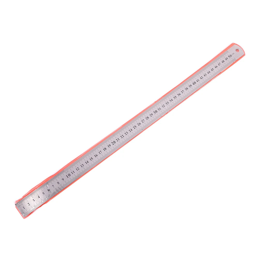 A stainless steel precision ruler with millimeter markings, showing a straight edge for drawing and measuring.