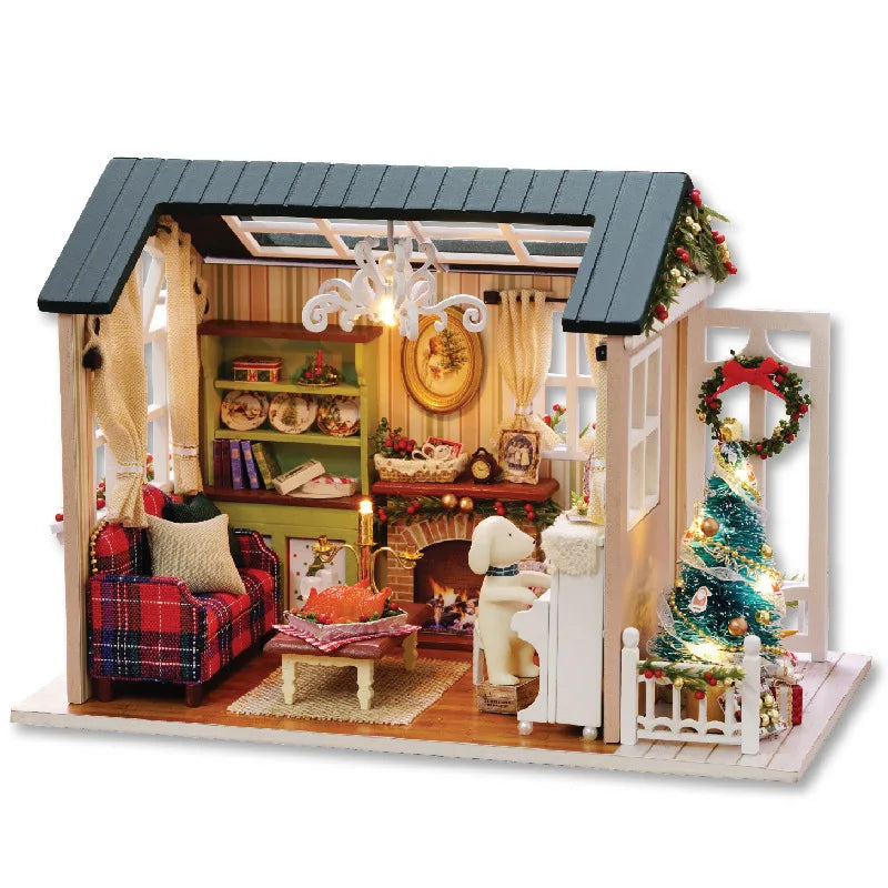 A wooden miniature dollhouse kit featuring a rustic interior, festive decorations, and an ornate chandelier.