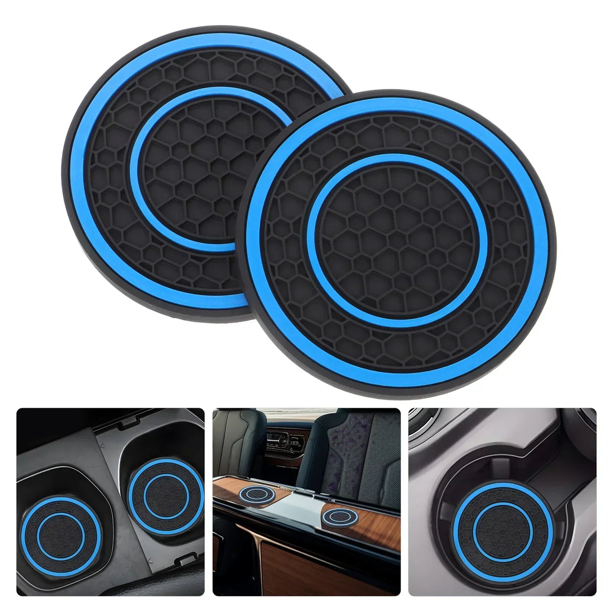 A set of two black silicone non-slip coasters with a hexagonal pattern and blue trim for car cup holders.