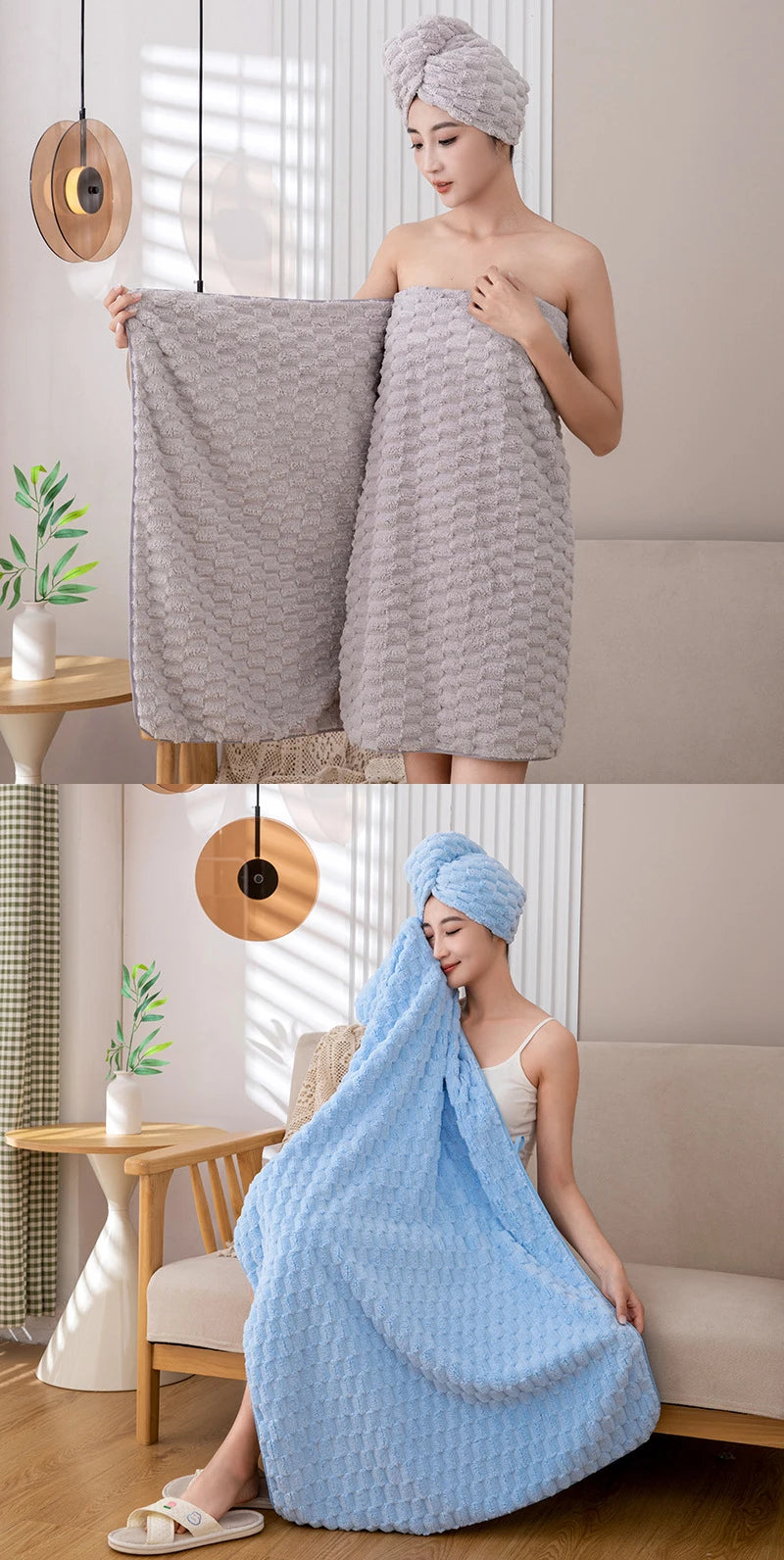 A woman is shown draping a light blue plush coral velvet bath towel on her body in a bright, modern setting.
