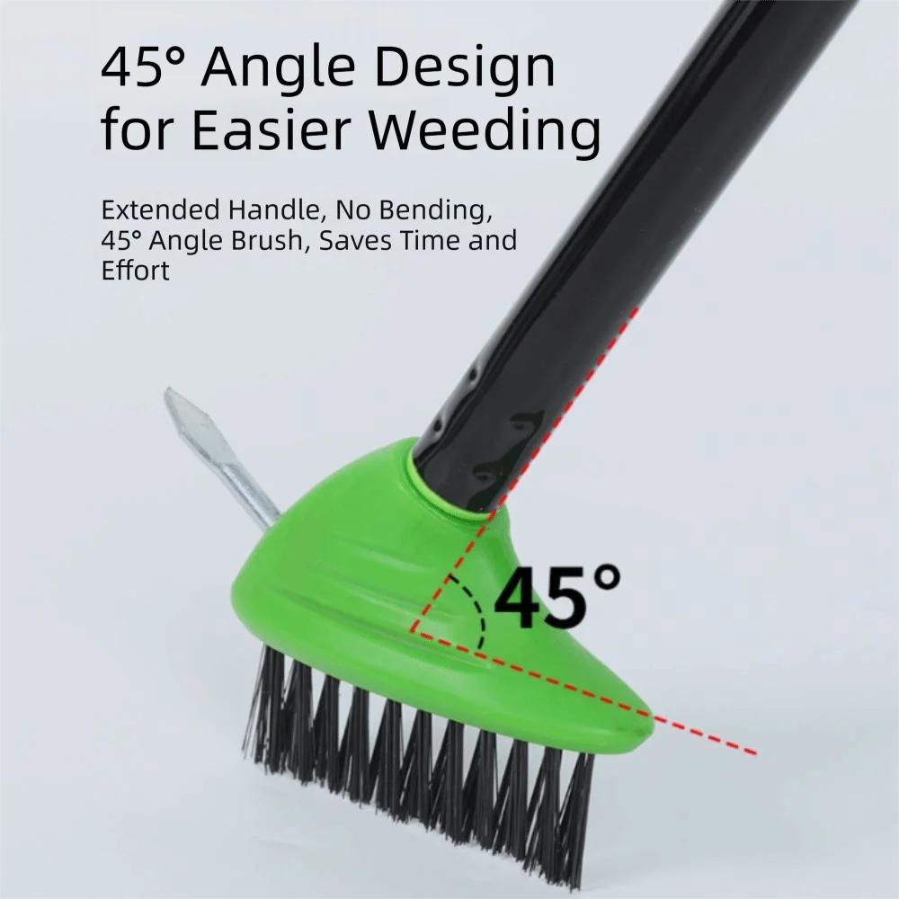 Primer plano de una herramienta de desmalezar con ángulo de 45 grados y mango extendido.