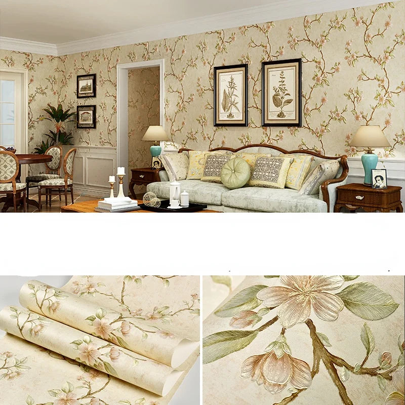 Roll of 3D embossed floral self-adhesive wallpaper featuring delicate botanical designs on a light background.