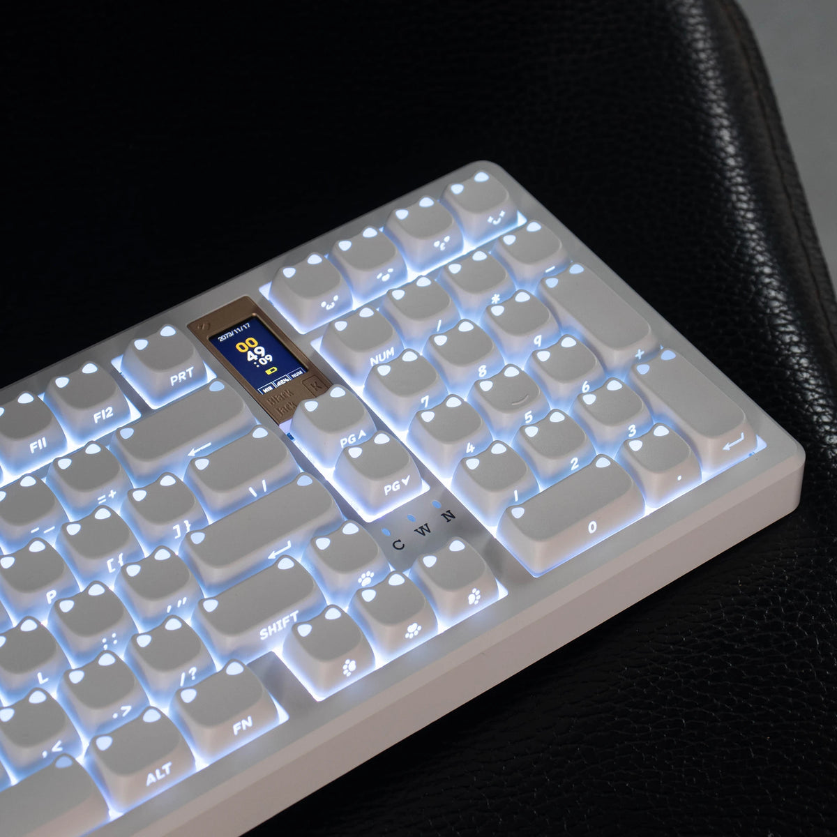 A close-up view of a white mechanical keyboard with blue backlit keys resting on a black surface.