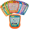 A colorful learning pad with letters, words, and shapes for bilingual Arabic and English education.