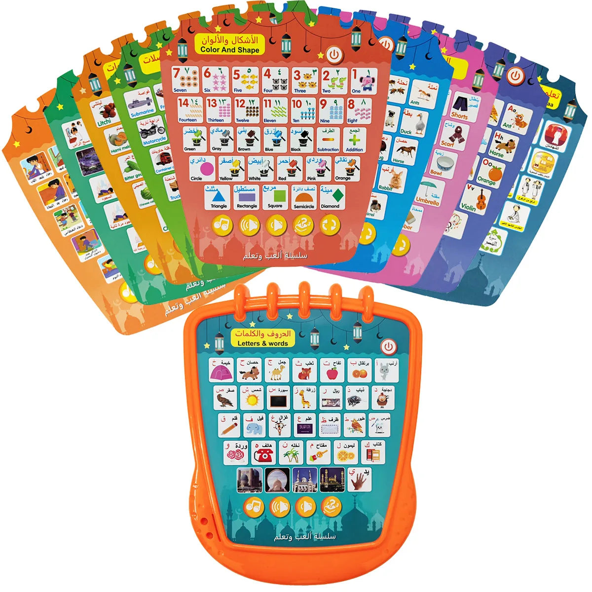 A colorful learning pad with letters, words, and shapes for bilingual Arabic and English education.