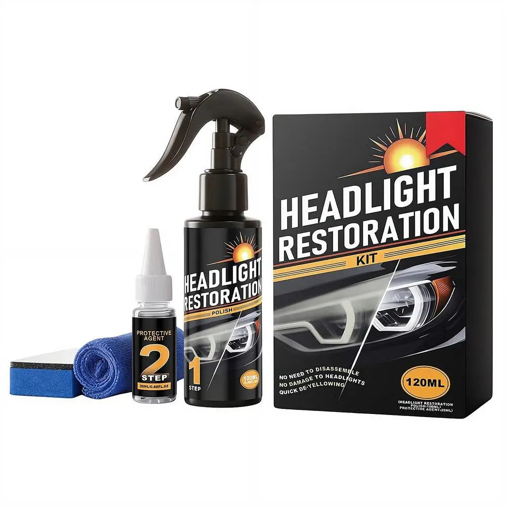 A black bottle and applicator for a 2-step headlight restoration kit with a box showing instructions.