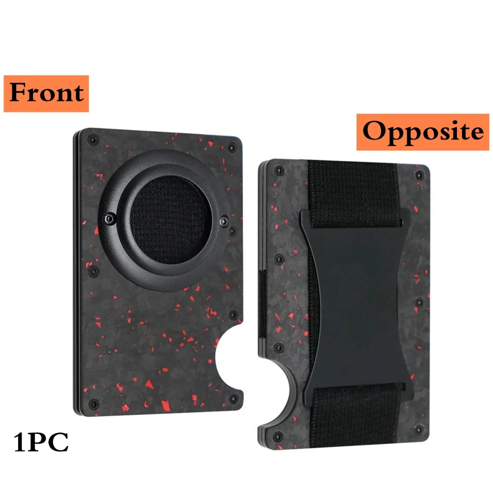 Vista frontal y opuesta de una cartera minimalista de aluminio con protección RFID