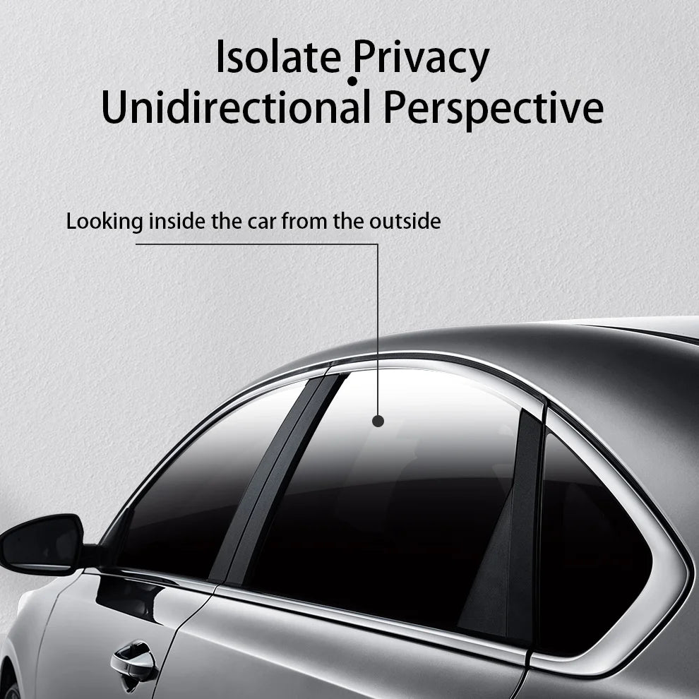 A car window showing an indirect view of the interior, illustrating a unidirectional perspective for privacy tint film.