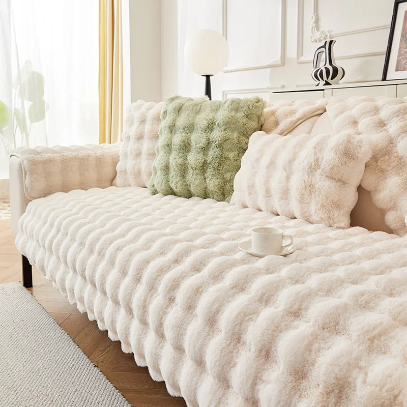 Plush Rabbit-Feel Sofa Cover with Anti-Slip Backing