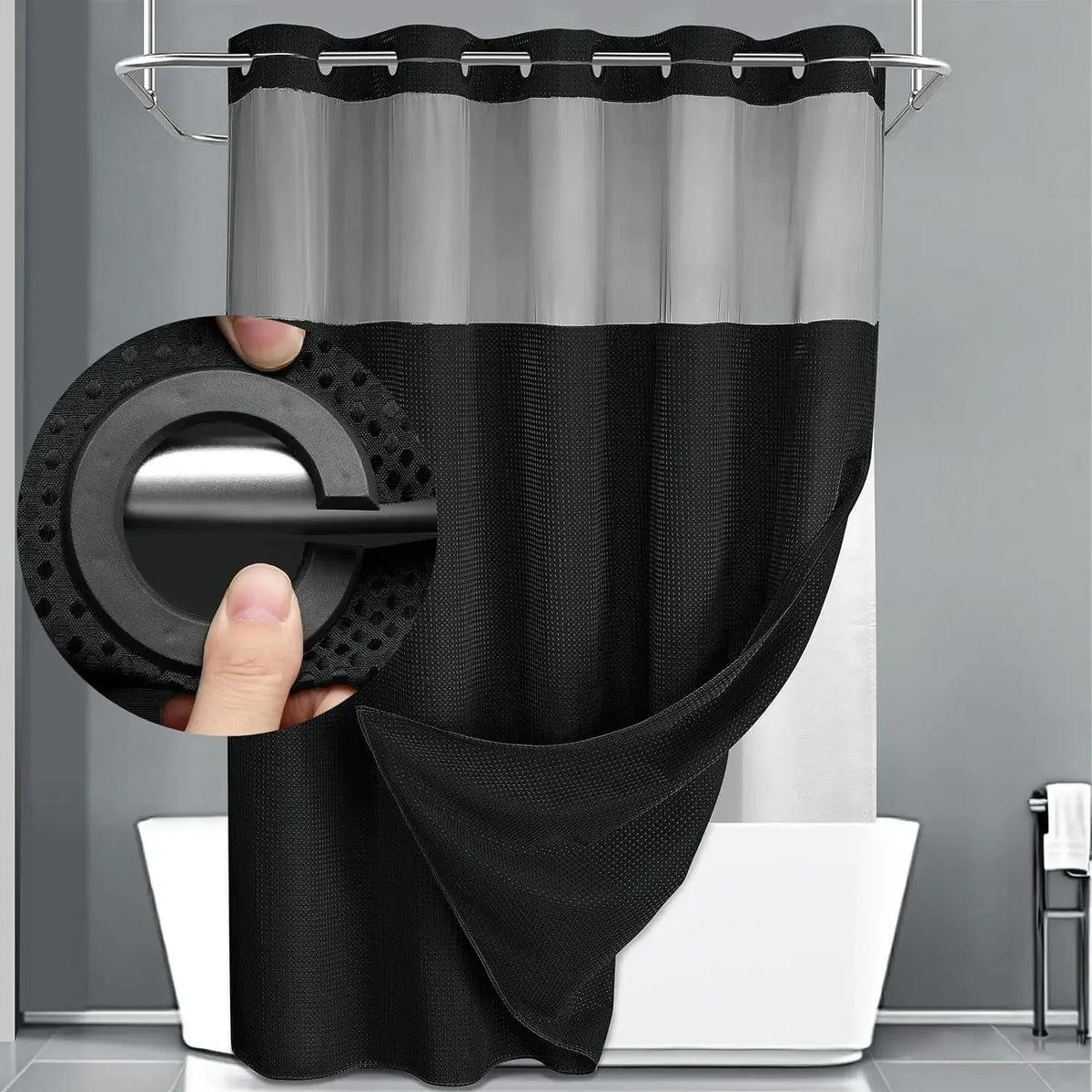 Double-Layer Waffle Shower Curtain with Built-in Snap Liner