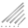 A set of five stainless steel precision straight rulers numbered 01 through 05 displayed diagonally.