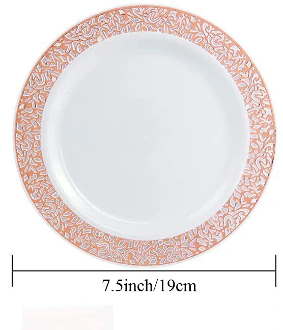 Elegant White Disposable Dinner Plates with Silver Lace Design