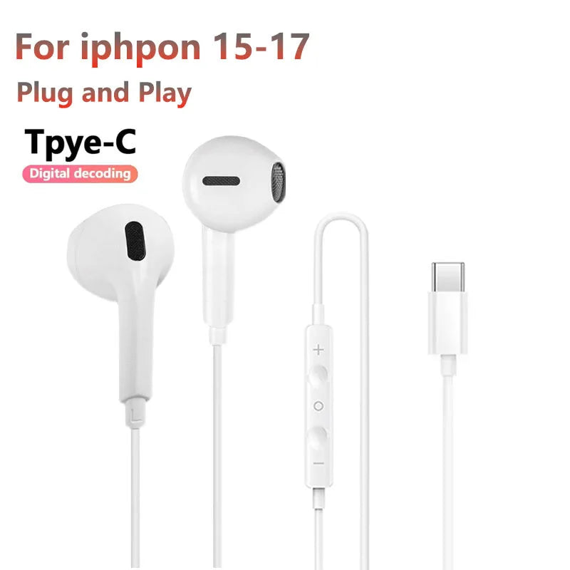 White Type-C plug and play earphones with microphone and stereo sound