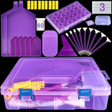 A purple diamond painting organizer kit showing various tools and storage components inside a clear plastic case.