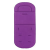 A purple cartoon baby stroller seat cushion with molded contours.