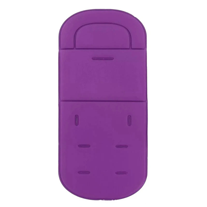 A purple cartoon baby stroller seat cushion with molded contours.