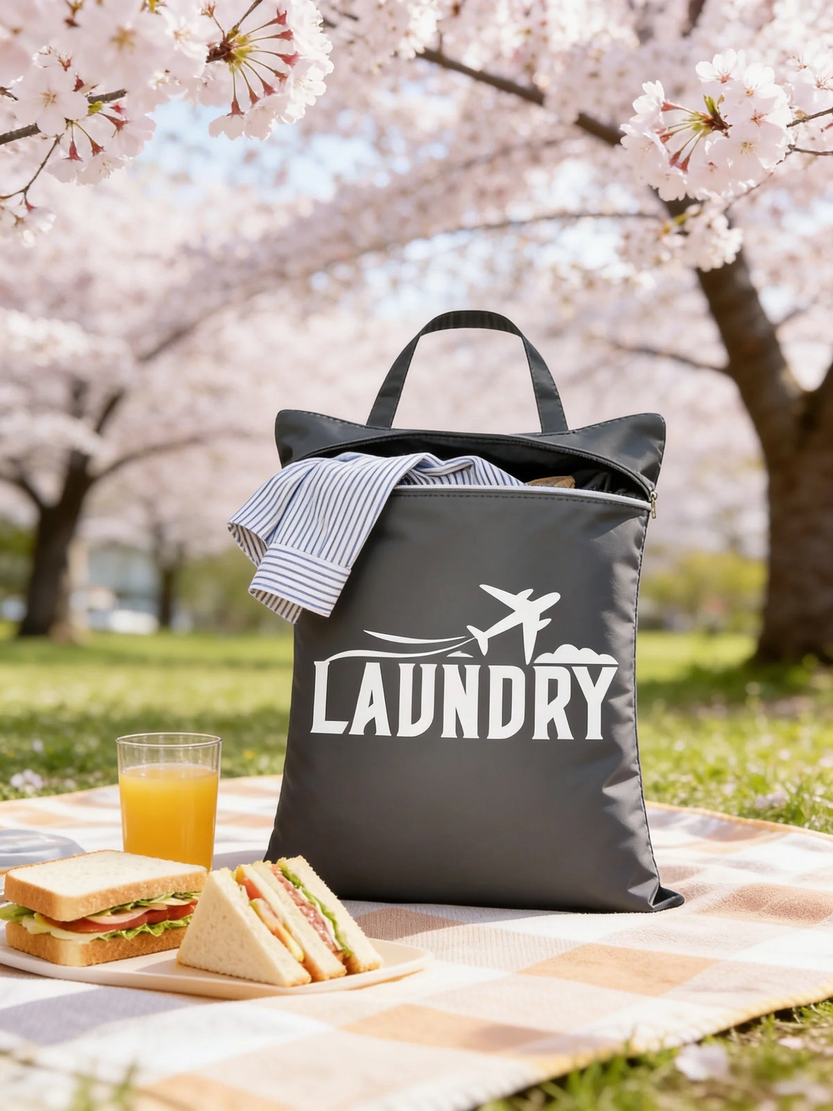 A black laundry bag with a white graphic is placed on a checkered blanket in an outdoor spring setting.