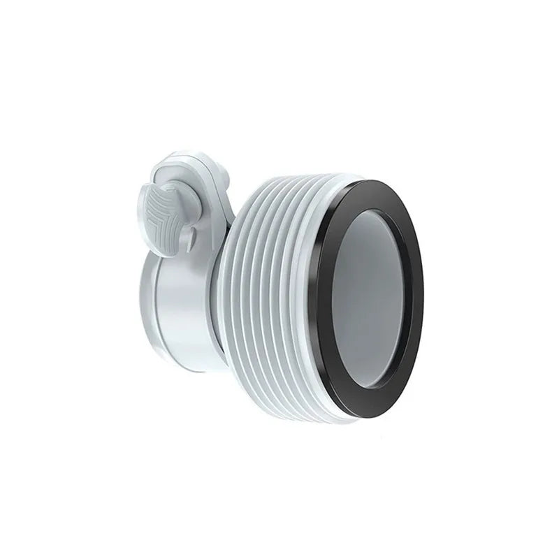 A close-up view of a pool hose adapter kit used for connecting filter pumps, featuring silver and black components.
