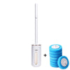 A white wall-mounted disposable toilet brush set with a long handle and blue cleaning heads.