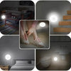 A collection of images showing a motion sensor LED night light used in various indoor settings like bedrooms and bathrooms.