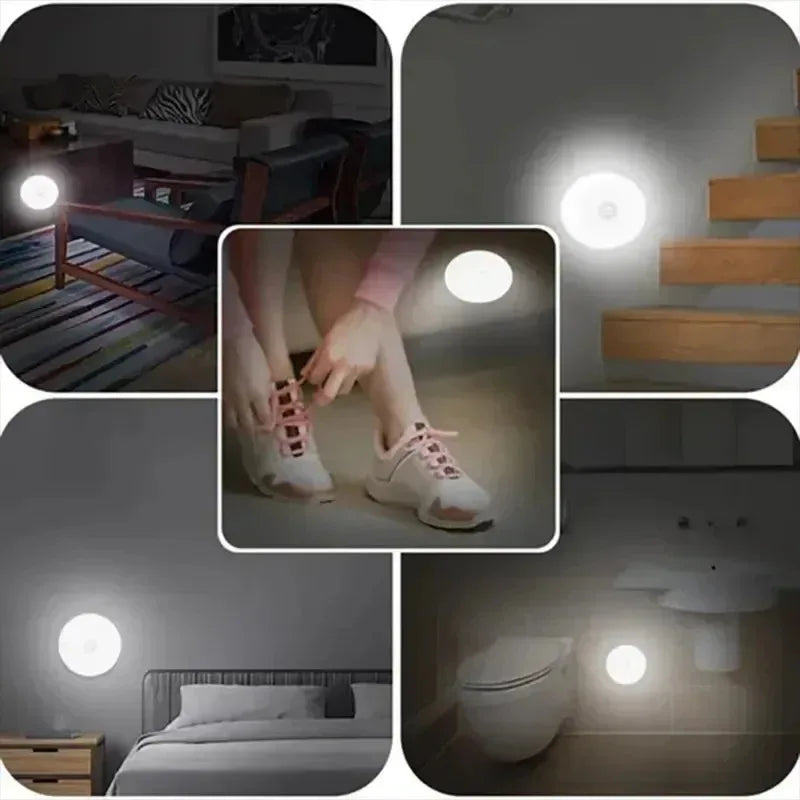 A collection of images showing a motion sensor LED night light used in various indoor settings like bedrooms and bathrooms.