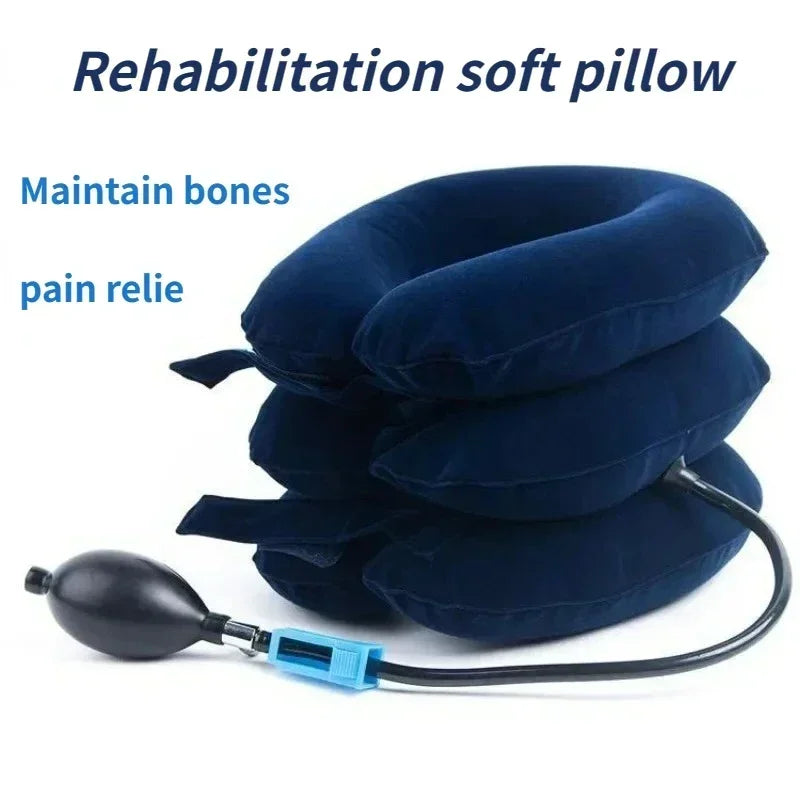 A stack of dark blue rehabilitation soft pillows with a black traction device attached.