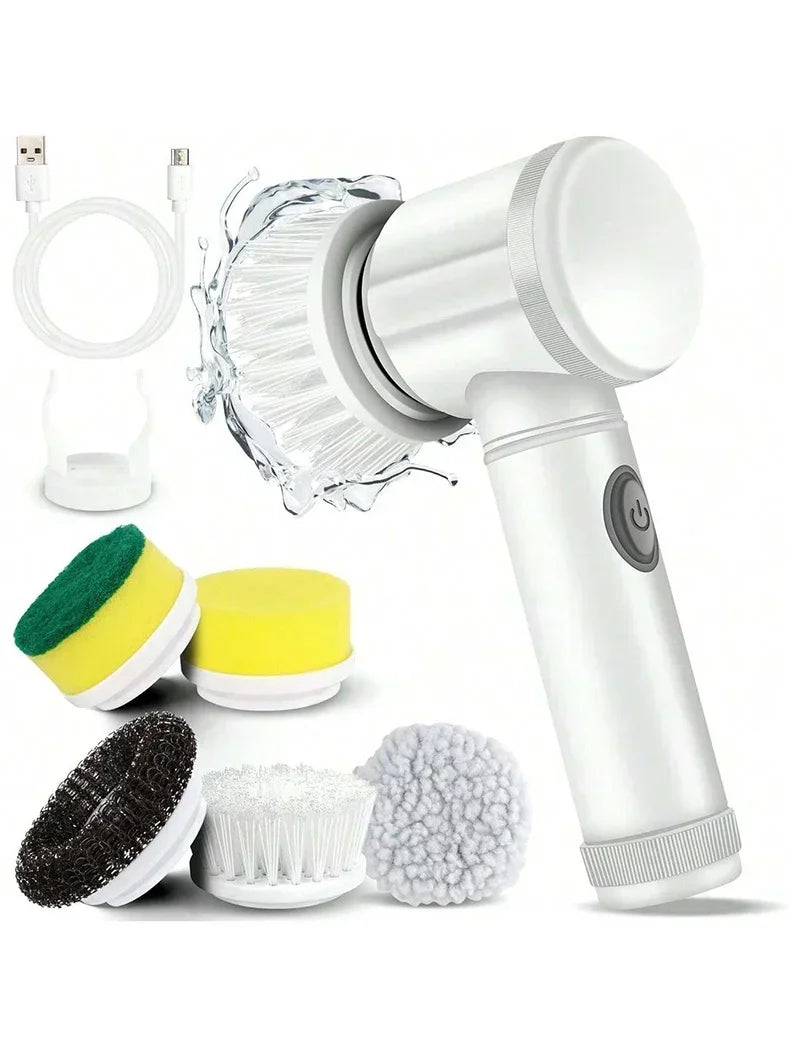 Cordless spin scrubber with a main brush and five replaceable brush heads shown in various configurations.