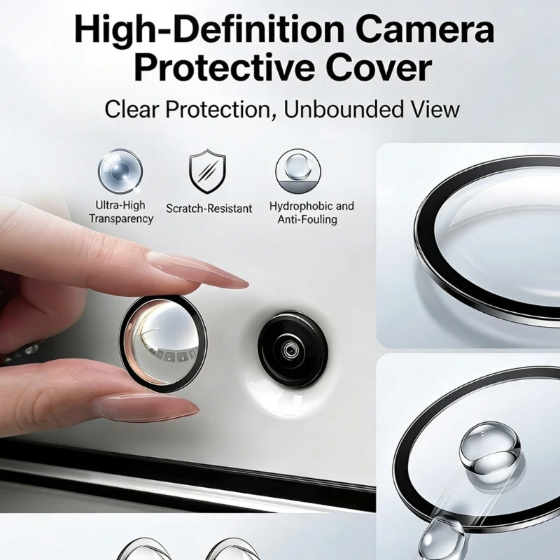 A hand is placing a clear protective cover over a camera lens on a car, demonstrating high-definition protection.
