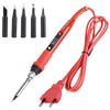A red soldering iron with a flexible cord and an LCD display is shown alongside various tips.
