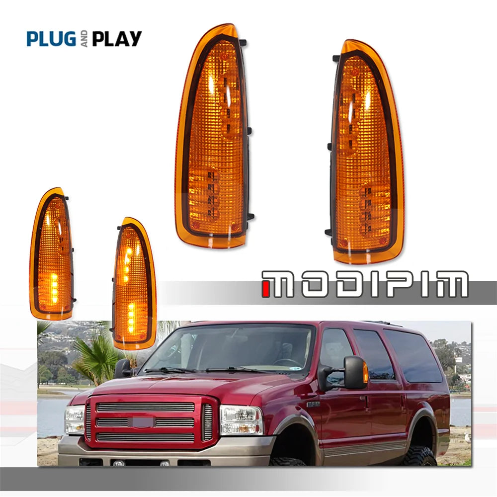 Amber LED side mirror turn signal lights for a Ford Super Duty or Excursion vehicle.
