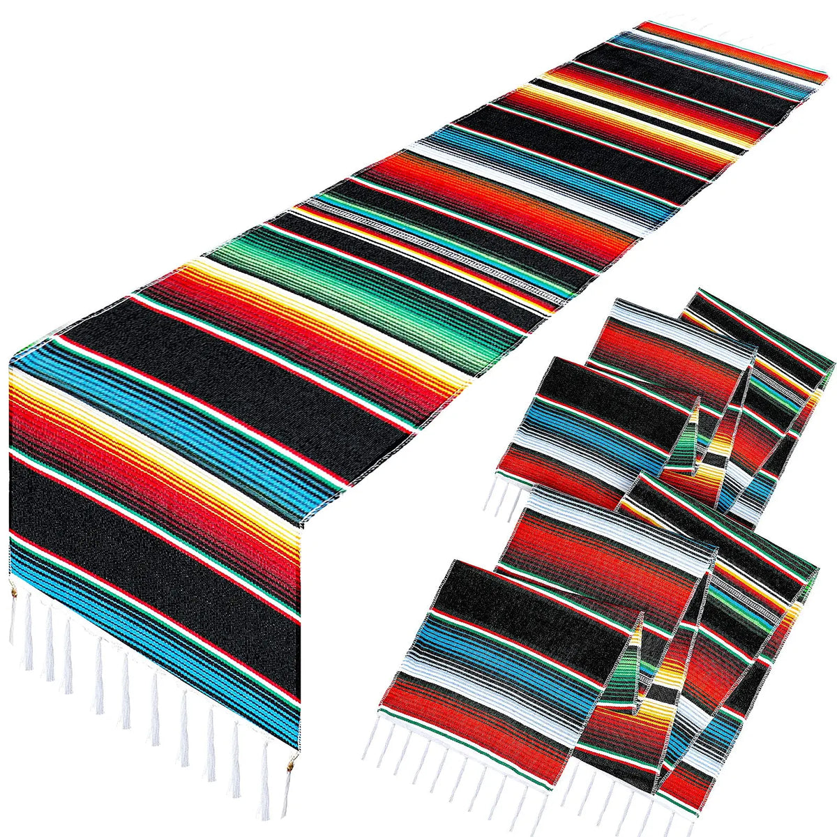 A vibrant Mexican serape table runner featuring colorful stripes and tassels.