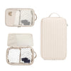 A beige stroller hanging diaper bag with separate storage compartments for baby clothes and accessories.