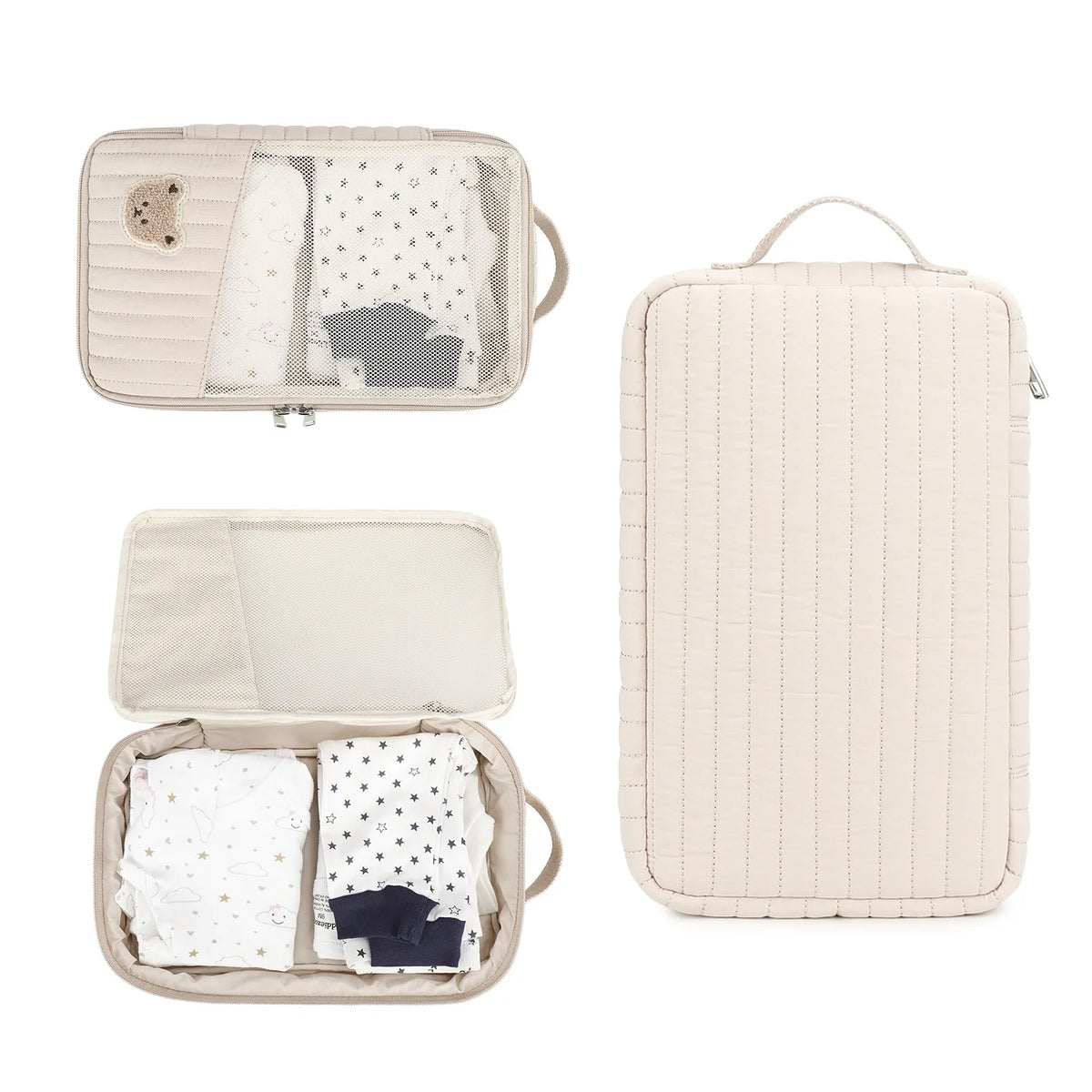 A beige stroller hanging diaper bag with separate storage compartments for baby clothes and accessories.