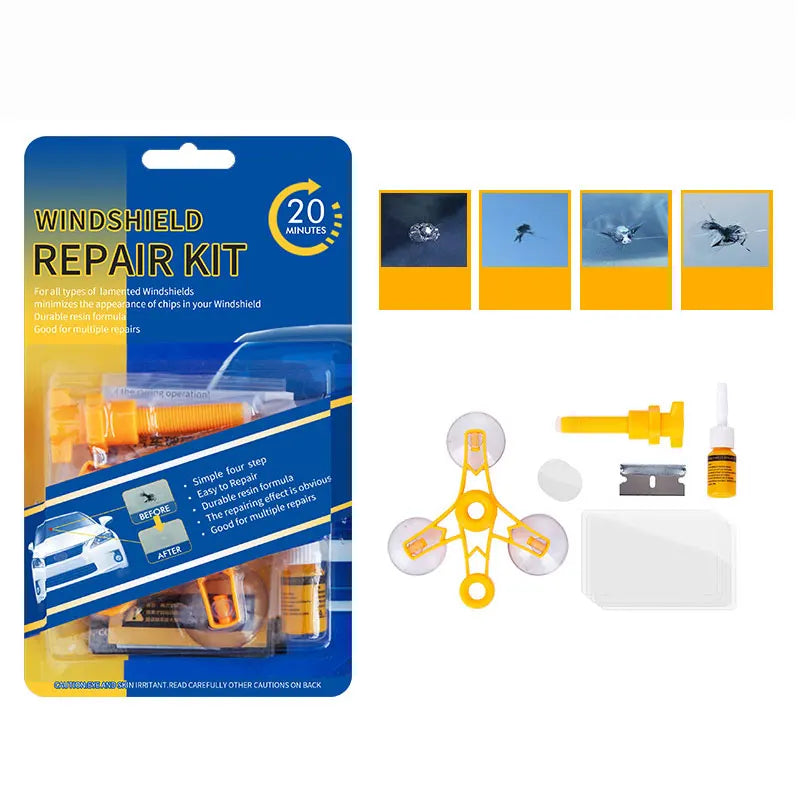 A blue kit for windshield repair including resin, tools, and instructions.