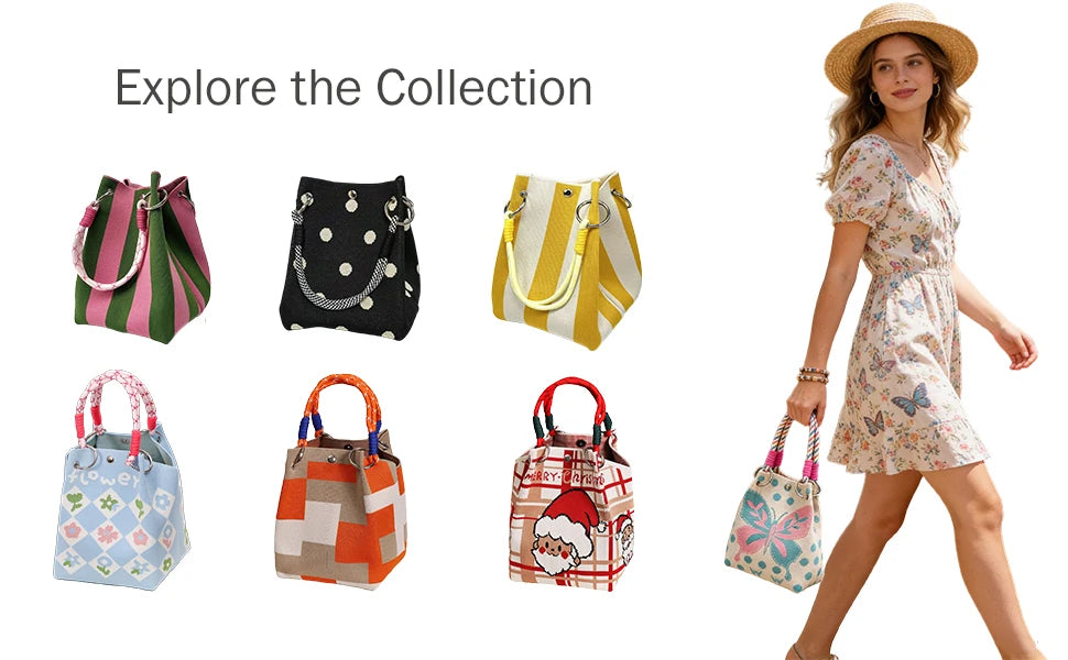Mini Knitted Colorblock Bucket Bag with Detachable Handle